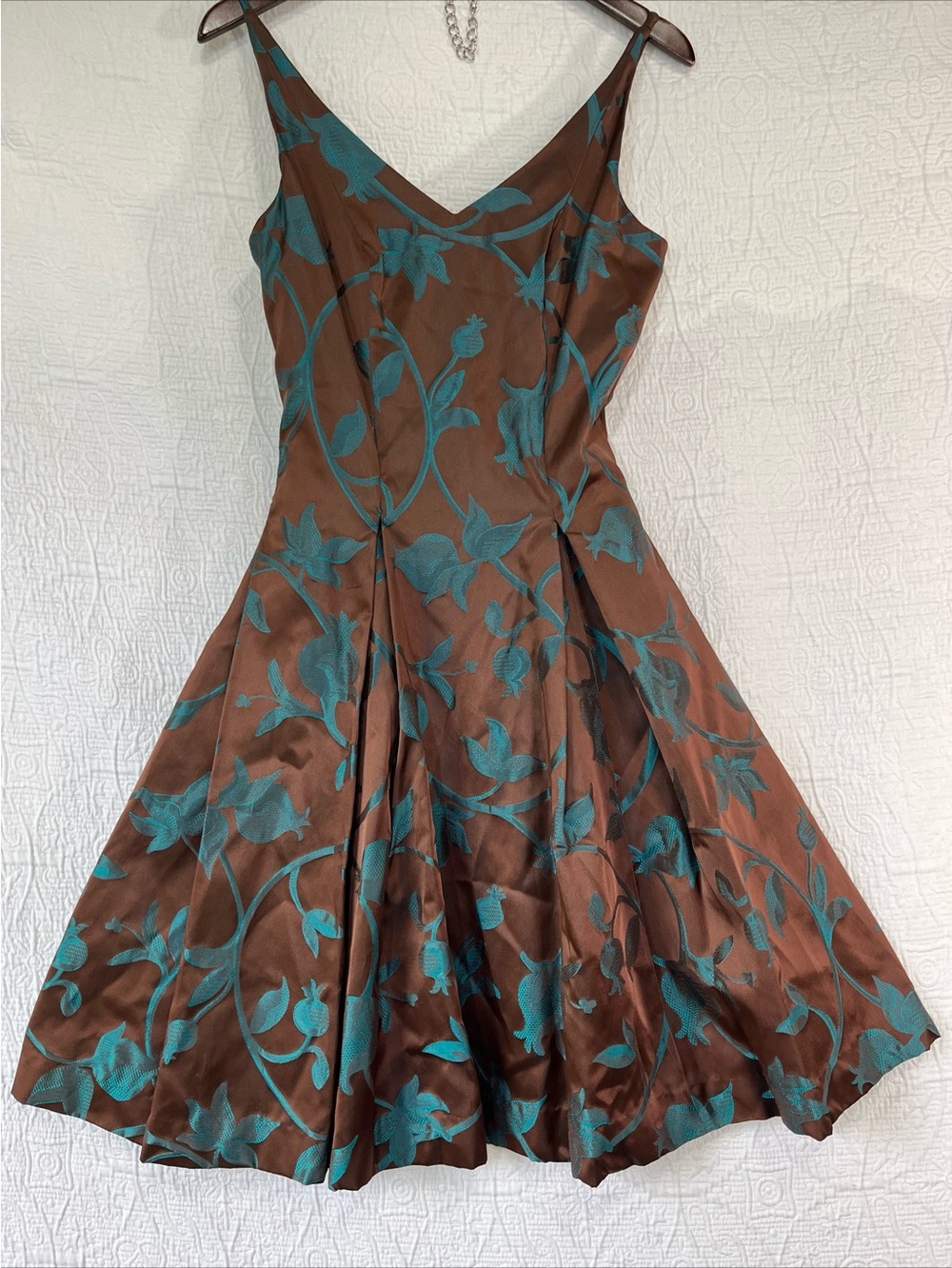 Handmade Dress Size 4 Fit And Flare Chocolate Brown Blue Floral Satin Midi Lined